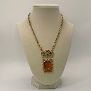 Vintage 1970 Sarah Cov Wild Honey Amber Pendant Gold Tone Necklace